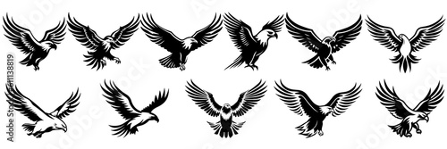 Eagle silhouettes set, large pack of vector silhouette design, isolated white background