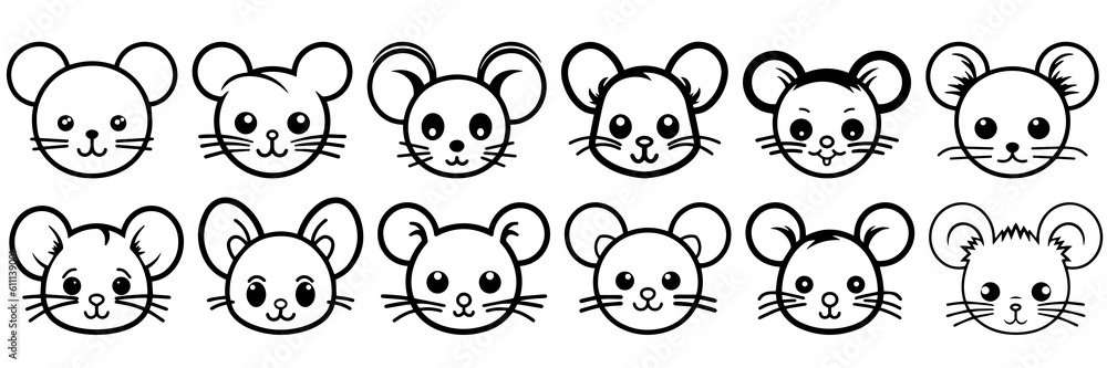 Fototapeta premium Kawaii mouse silhouettes set, large pack of vector silhouette design, isolated white background