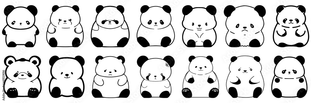Kawaii panda silhouettes set, large pack of vector silhouette design, isolated white background Kawaii panda silhouettes set, large pack of vector silhouette design, isolated white background