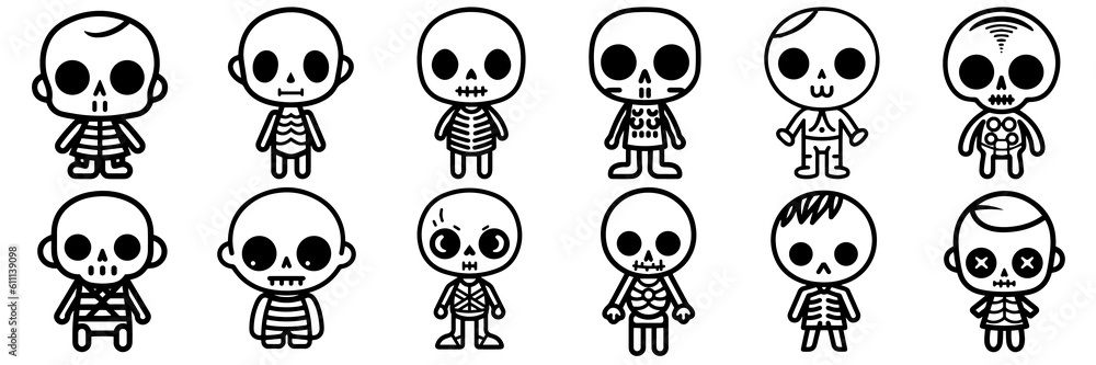 Kawaii skeleton silhouettes set, large pack of vector silhouette design, isolated white background Kawaii skeleton silhouettes set, large pack of vector silhouette design, isolated white background