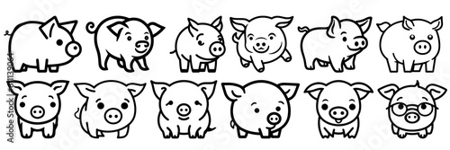 Kawaii pig silhouettes set, large pack of vector silhouette design, isolated white background