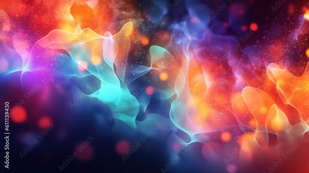 Multicolored Glowing Smokey Waves With Bokeh Particles. Abstract rainbow banner. Translucent smoky rainbow splashes on a black background. Generative Ai.