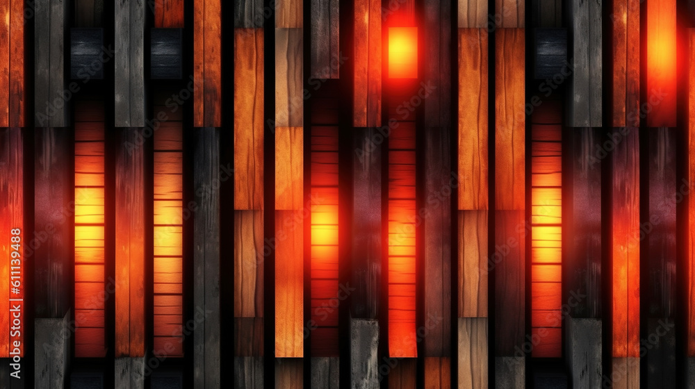 Black and orange pattern with wooden logs and shiny lights. Abstract modern background. Generative Ai. Black and orange pattern with wooden logs and shiny lights. Abstract modern background. Generative Ai.