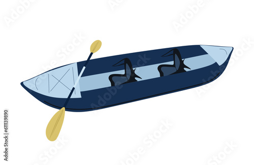 Rubber inflatable boat with paddling or rowing isolated on white background. Inflatable boat in flat illustration. Ocean or marine vector transport.