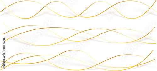 3d wavy gold lines swoosh on white background. Luxury beauty thin curves, swirl as stream flow pattern. Soft geometric shapes as silk fiber or fablic shiny decoration.