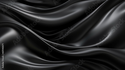 Abstract 3d background. Black drapery. Silky smooth wavy satin textile. Generative Ai.
