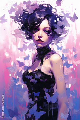 A beautiful young lady in violet tutu covered by water and butterfly. AI generative © SANGHYUN