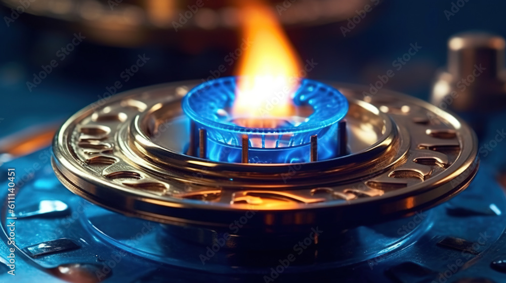 Gas burner with fire close up. Orange tongues of flame of a gas burner