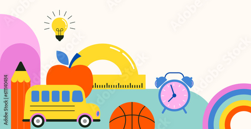 Vibrant Color Back To School background concept design. Geometrical flat style illustration, banner and poster. School supplies and yellow bus illustration