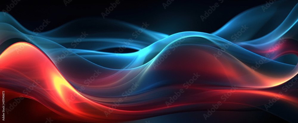 Abstract 3D background. Colorful smokey waves on black. Wavy glowing light overflows in blue and red. Generative Ai. Abstract 3D background. Colorful smokey waves on black. Wavy glowing light overflows in blue and red. Generative Ai.