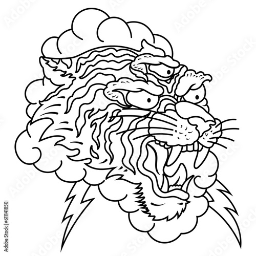 An outline illustration of a 3 eyed tiger head in a cloud with lightning bolts, inspired by traditional tattoo flash artwork. 