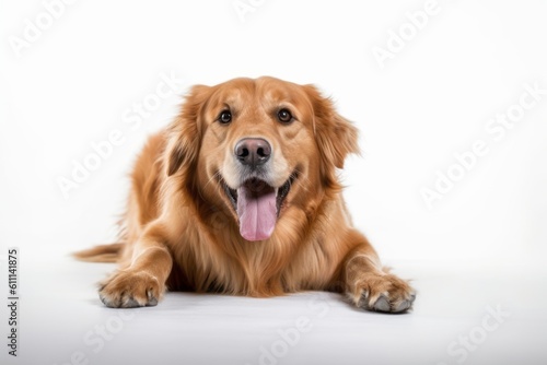 Medium shot portrait photography of a happy golden retriever rolling against a white background. With generative AI technology