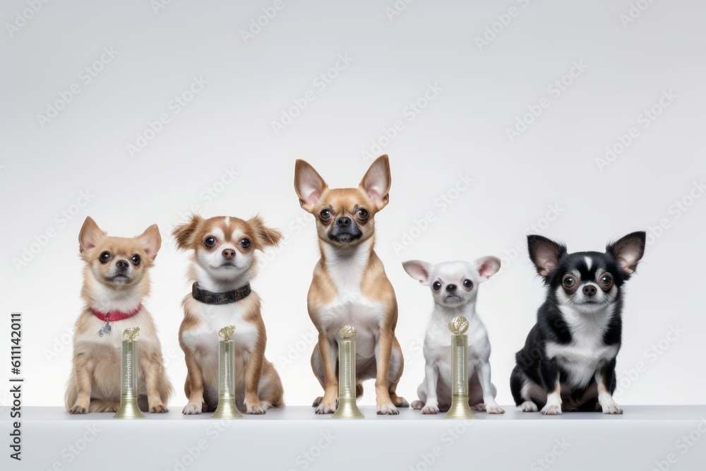 Group portrait photography of a funny chihuahua having a trophy against a white background. With generative AI technology