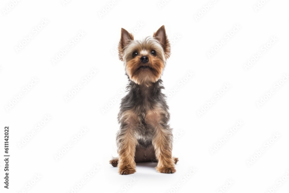 Medium shot portrait photography of a funny yorkshire terrier standing on hind legs against a white background. With generative AI technology Medium shot portrait photography of a funny yorkshire terrier standing on hind legs against a white background. With generative AI technology