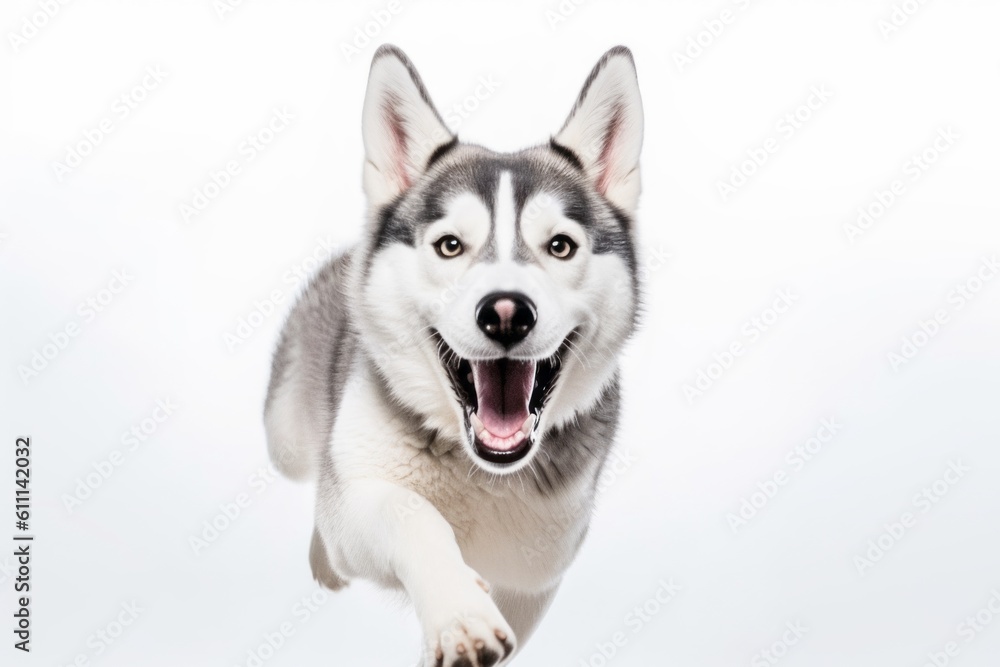 Lifestyle portrait photography of a smiling siberian husky swinging against a white background. With generative AI technology