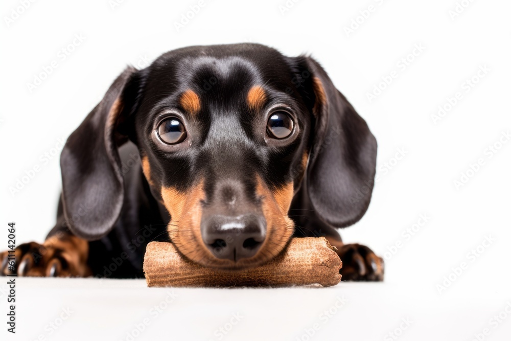 Environmental portrait photography of a curious dachshund chewing things against a white background. With generative AI technology