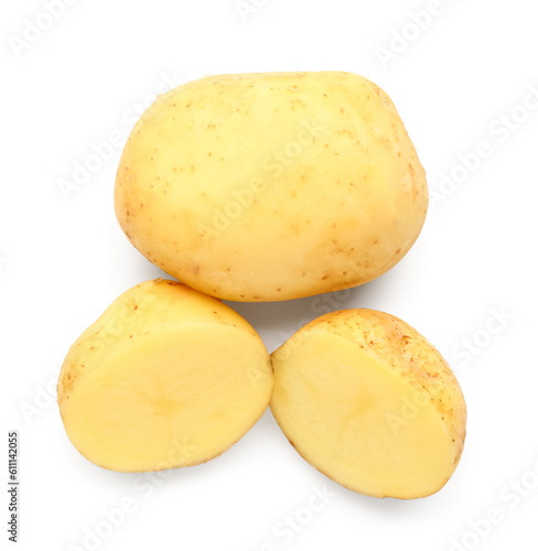Slices of raw baby potatoes on white background