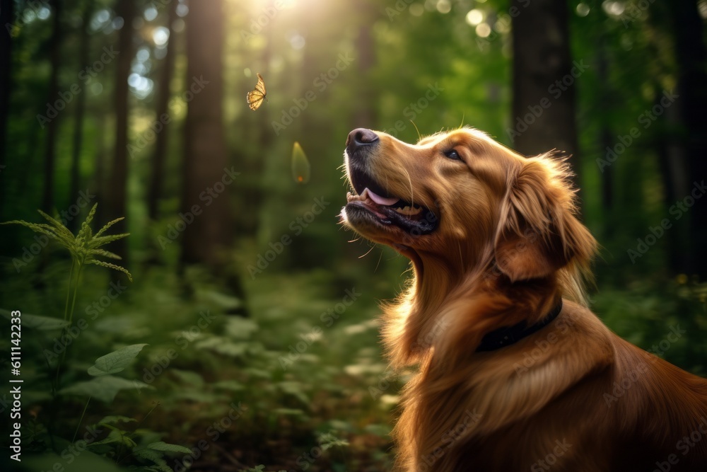 Lifestyle portrait photography of a curious golden retriever having a butterfly on its nose against a forest background. With generative AI technology
