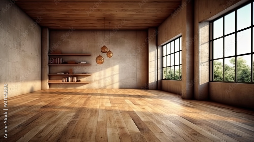 Fototapeta premium For a modern house, vintage, empty space, and natural daylight, indoor wooden floor and wall Generative AI