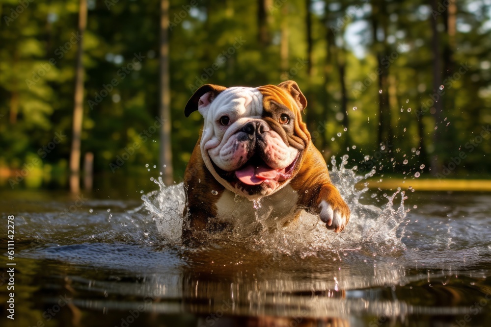 Medium shot portrait photography of a curious bulldog shaking off water after swimming against a forest background. With generative AI technology