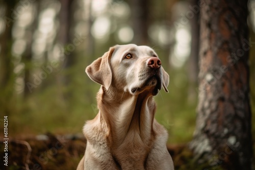 Lifestyle portrait photography of a curious labrador retriever being at a spa against a forest background. With generative AI technology