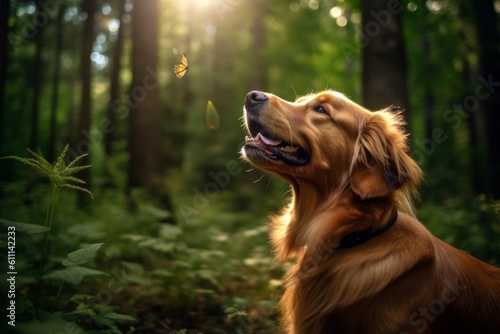 Lifestyle portrait photography of a curious golden retriever having a butterfly on its nose against a forest background. With generative AI technology