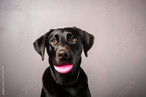 Headshot portrait photography of a cute labrador retriever holding a frisbee in its mouth against a minimalist or empty room background. With generative AI technology © Markus Schröder