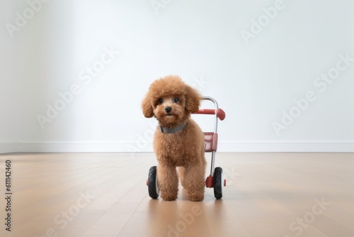 Medium shot portrait photography of a curious poodle riding in a baby stroller against a minimalist or empty room background. With generative AI technology