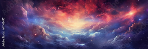 Space Nebula banner. Fantastic colorful starry outer space with multicolored gas clouds. Generative Ai.