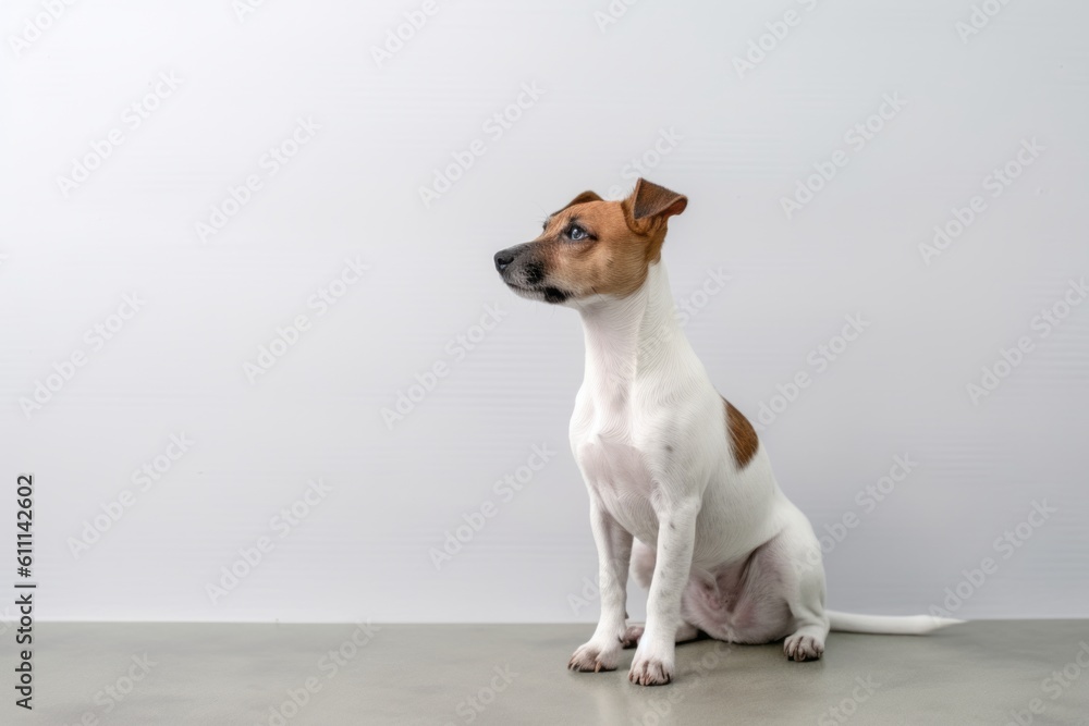 Medium shot portrait photography of a curious jack russell terrier scratching the body against a minimalist or empty room background. With generative AI technology