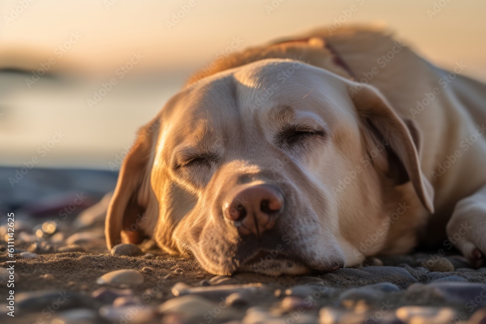 Headshot portrait photography of a curious labrador retriever sleeping against a beach background. With generative AI technology Headshot portrait photography of a curious labrador retriever sleeping against a beach background. With generative AI technology