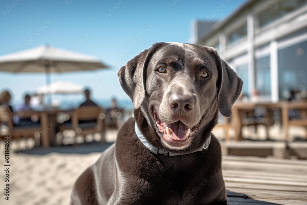 Full-length portrait photography of a smiling labrador retriever relaxing at a cafe against a beach background. With generative AI technology