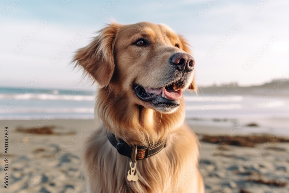 Environmental portrait photography of a cute golden retriever wearing a collar against a beach background. With generative AI technology Environmental portrait photography of a cute golden retriever wearing a collar against a beach background. With generative AI technology