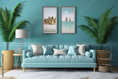a mock-up frame with a background of a home's interior, a coastal-style living room with marine decor Generative AI © 2rogan