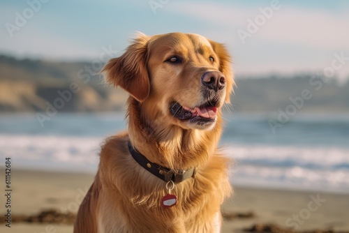 Environmental portrait photography of a cute golden retriever wearing a collar against a beach background. With generative AI technology