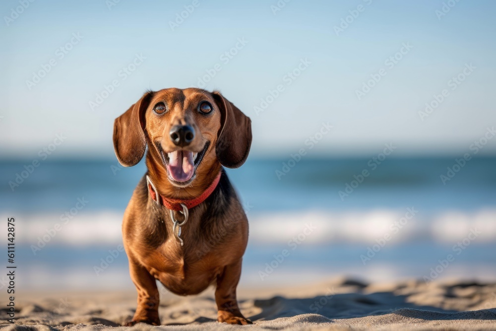 Full-length portrait photography of a funny dachshund rolling against a beach background. With generative AI technology
