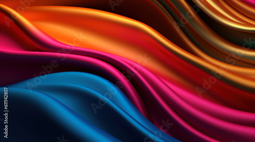 Dark rainbow iridescent glossy satin wavy drapery. Abstract 3d background. Multicolored waves of liquid silk fabric. Generative Ai.