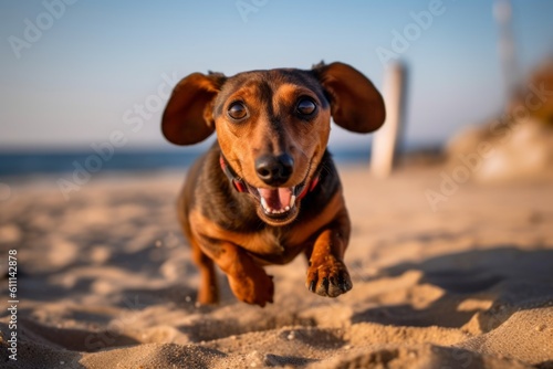 Full-length portrait photography of a funny dachshund rolling against a beach background. With generative AI technology