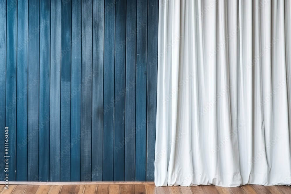 a wooden wall with a white wooden frame and blue curtains. Free room for your interior design ideas Generative AI a wooden wall with a white wooden frame and blue curtains. Free room for your interior design ideas Generative AI