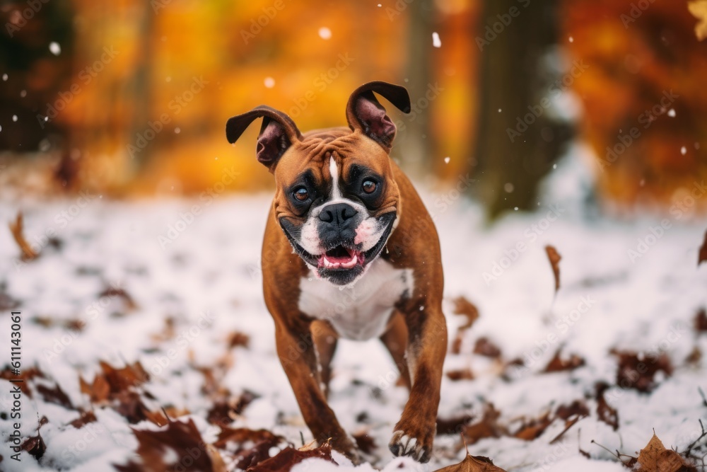 Environmental portrait photography of a funny boxer dog playing in the snow against an autumn foliage background. With generative AI technology