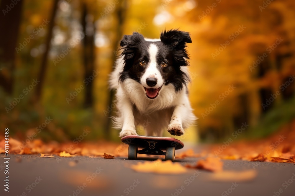 Medium shot portrait photography of a cute border collie skateboarding against an autumn foliage background. With generative AI technology