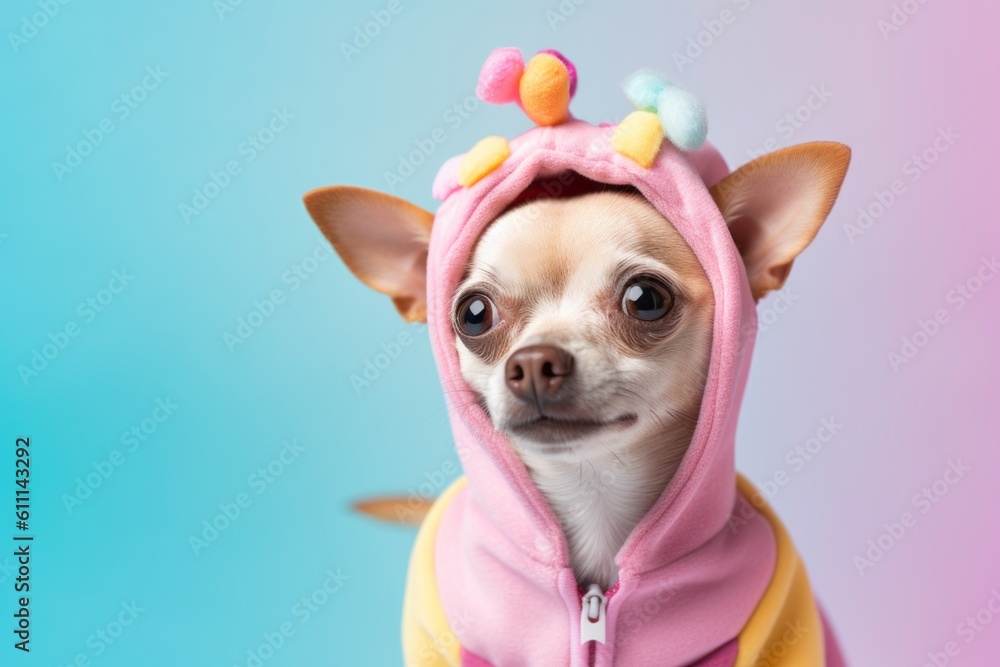 Lifestyle portrait photography of a curious chihuahua wearing a halloween costume against a pastel or soft colors background. With generative AI technology