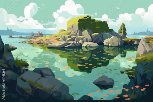 Beautiful Cell shaded Landscape Painting. AI generative