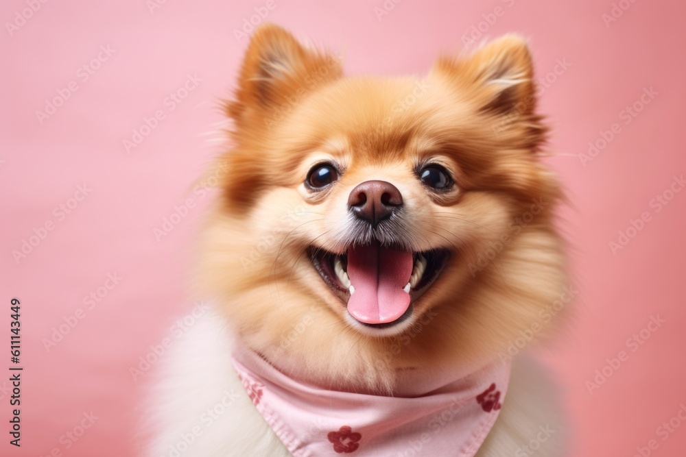 Lifestyle portrait photography of a happy pomeranian wearing a bandana against a pastel or soft colors background. With generative AI technology