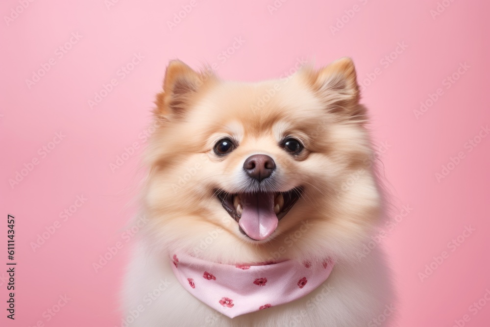Lifestyle portrait photography of a happy pomeranian wearing a bandana against a pastel or soft colors background. With generative AI technology Lifestyle portrait photography of a happy pomeranian wearing a bandana against a pastel or soft colors background. With generative AI technology