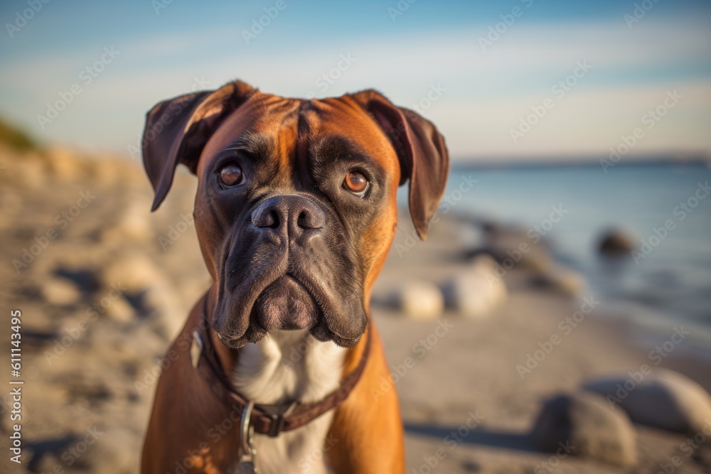 Environmental portrait photography of a curious boxer dog sniffing against dog-friendly beaches background. With generative AI technology