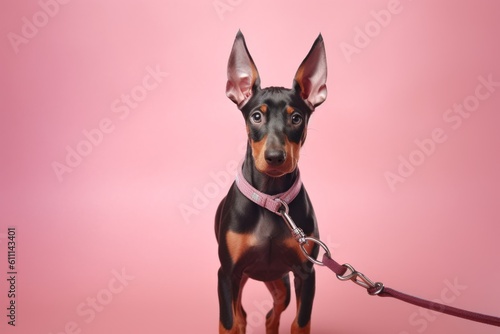 Medium shot portrait photography of a cute doberman pinscher walking on a leash against a pastel or soft colors background. With generative AI technology