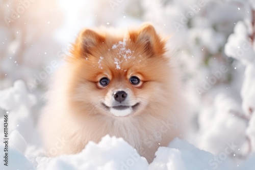 Lifestyle portrait photography of a curious pomeranian playing in the snow against a pastel or soft colors background. With generative AI technology © Markus Schröder