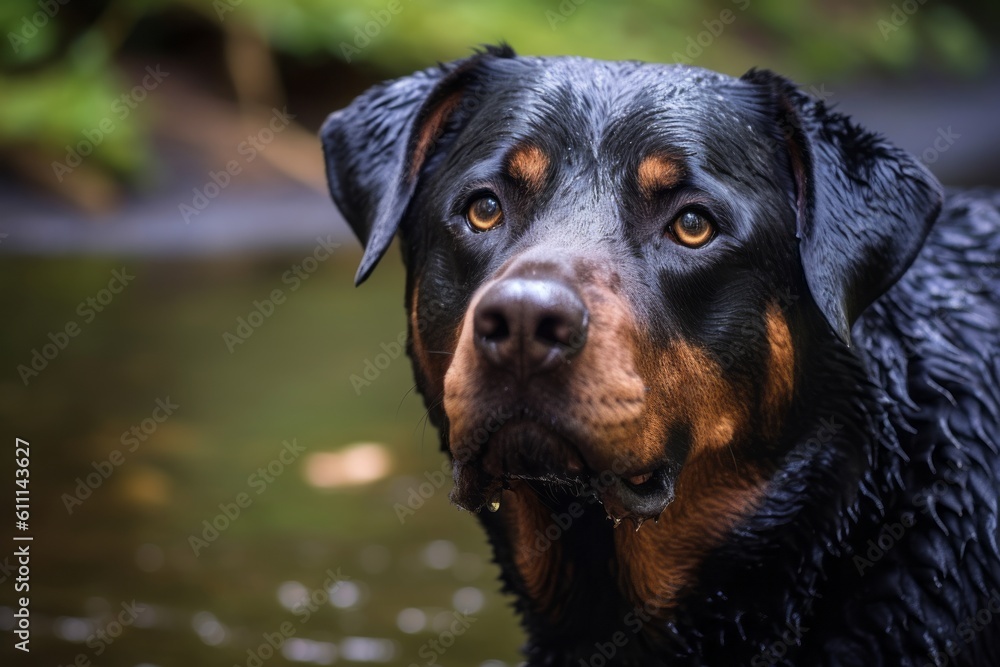 Close-up portrait photography of a happy rottweiler drinking from a water fountain against forests and woodlands background. With generative AI technology