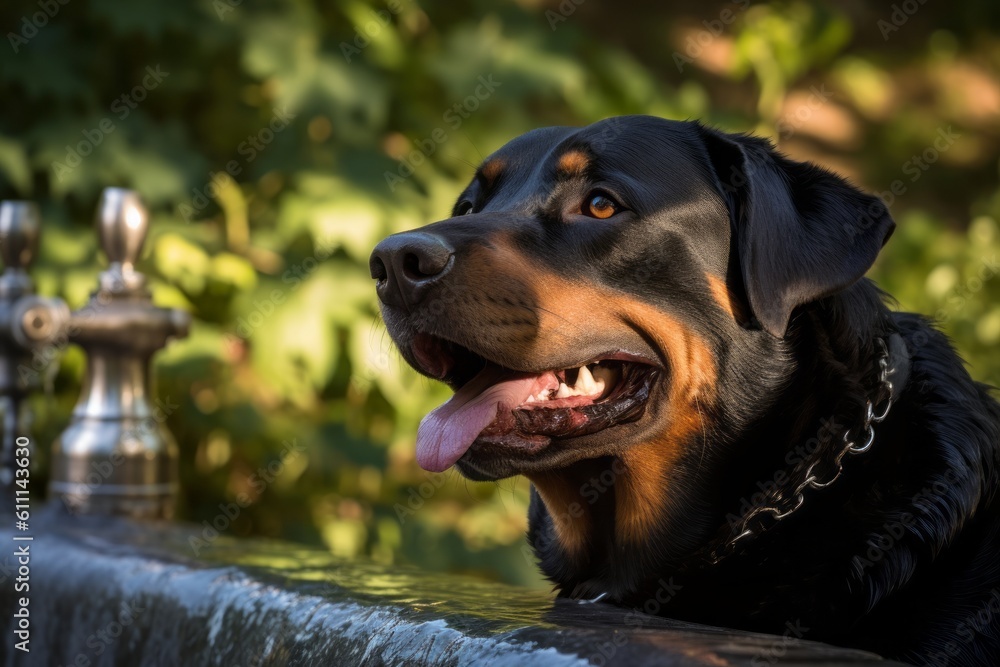 Close-up portrait photography of a happy rottweiler drinking from a water fountain against forests and woodlands background. With generative AI technology Close-up portrait photography of a happy rottweiler drinking from a water fountain against forests and woodlands background. With generative AI technology